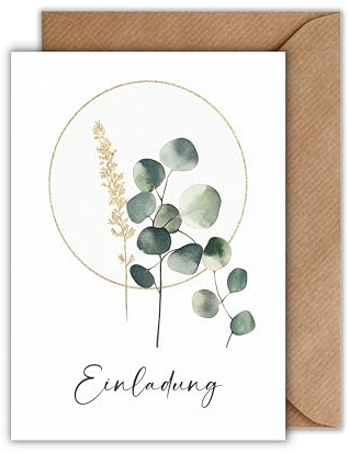 10er Einladung Karte Hochzeit mit Umschlag - Einladungskarte zur Hochzeitsfeier Gold Ring Eukaliptus Zierzweig Floral Trauung Brautpaar Liebe Verlobung Hochzeitskarte (DIN A6)