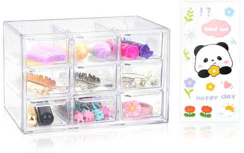 Mini Cajoneras Plastico Almacenaje, Caja Organizadora con 9 Cajones, Transparente cajones extraíbles con adhesivo Para guardar Manualidades, Accesorios Oficina