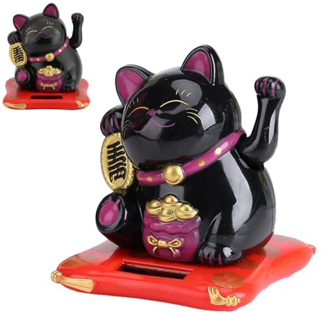 Hominas Winkekatze, Begrüßungskatze Solarbetriebene Fortune Katze mit Winkendem Arm Feng Shui Dekoration für Auto Dekor, Zuhause, Büro, Geschäft, Schwarz