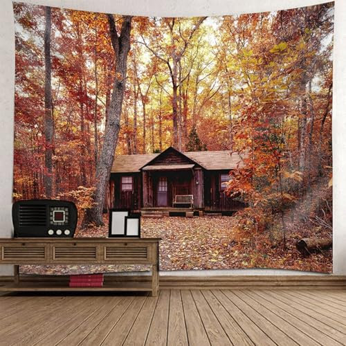Lirzxin Wandtuch Wald, Wandteppich Orange Braun Ahorn Wald und Holzhaus Landschaft Tapestry Tapisserie Wandteppiche Strandtuch Dekotuch, 260x240CM