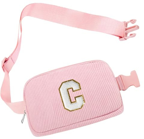 Personalisierte Initialen Bauchtasche, Cord-Crossbody Bag Damen Rosa Brustbeutel Gürteltasche Umhängetasche, Schultertasche Brusttaschen für Reise Fahren Wandern, Geburtstag Geschenk für Mädchen(C)