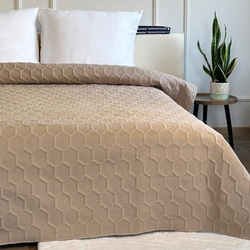 Euromat Tagesdecke Steppdecke Bettüberwurf (Ohne Kissenbezüge) Größe: 220x240 cm (Beige- Parla 3D)