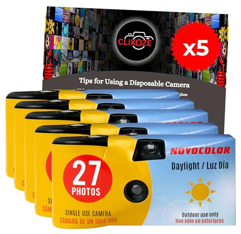 Appareil photo jetable avec appareil photo Novocolor à usage unique 27 poses et carte de conseils pour photographie Clikoze (5 caméras)