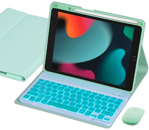 VLEAQC Keyboard Case for iPad 9th/8th/7th Generation 10.2 Inch, 7 Color Backlight Wireless Keyboard and Mouse, Protective Cover with Pencil Holder, Compatible with iPad Pro 10.5 /Air 3rd Gen (Green)