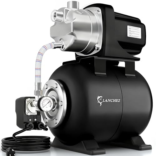 LANCHEZ Shallow Well Pump, Stainless Steel Garden Irrigation Pump, 115V Water Transfer Pump, Water Booster Jet Pump for Home Garden Lawn Farm, Glossy black