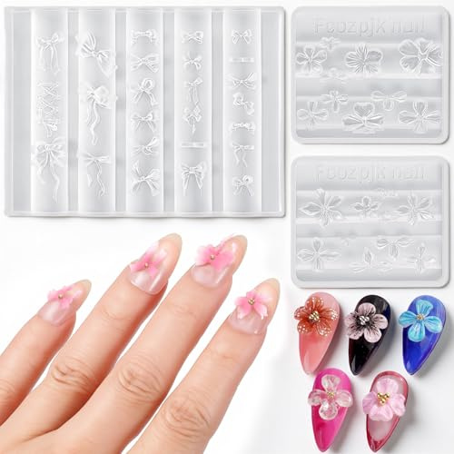 Lot de 3 moules en silicone 3D pour nail art - Fleurs de cerisier - Décoration florale - Pochoir à ongles - Breloques de lys - Fleurs de cerisier - Accessoires de design pour ongles - Moule en