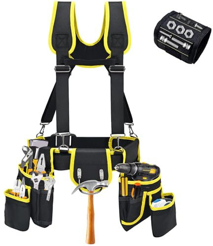 Tool belts for men - multi-functional detachable adjustable tool belt with shoulder strap magnetic wristband set, suitable for electricians and carpenters。 (black and yellow)