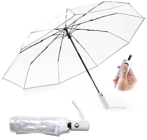 Bavooty Transparent Umbrella for Wedding,Folding Umbrella Compact,Portable,Windproof Rainproof,White Automatic Handle,for Woman Men Bride Bridesmaid Party Travel