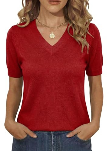 Totatuit Camiseta de Punto Mujer Manga Corta Cuello en V Suéter Ligero | Cuello V, Estilo Diario, Uso Casual, Combinación Versátil