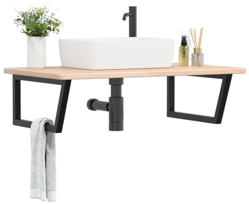 Frdhee Aufsatzwaschbecken Unterschrank Badmöbel,Waschtischplatte mit Halterung Stahl und Massivholz Eiche,Für Aufsatzwaschbecken,Viel Stauraum,Einfach Zu Montieren