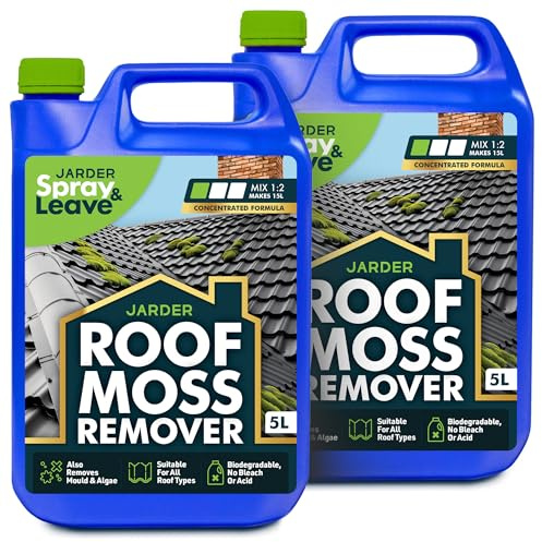 Jarder Roof Moss Remover 2 x 5L - Super Mix Strength Formula - Safe for Use on all Roof Types - Removes Algae and Mould - Covers 240m2