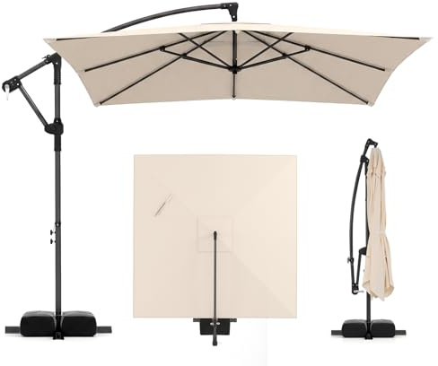 COSTWAY Ombrellone da Giardino 250 cm, Tettuccio Girevole e Ventilato | Protezione Solare, Resistente, Portatile, Sacchi di Sabbia, per Balcone, Esterno, Spiaggia (Beige, 0 Luce LED)