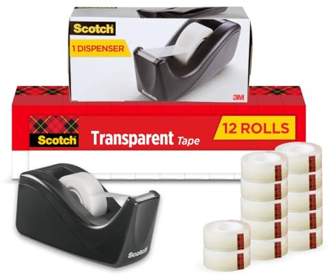 Scotch Transparent Tape with C60 Desktop Dispenser, Versatile, Cuts Cleanly, Engineered for Office and Home Use, 3/4 x 1000 Inches, Boxed, 12 Rolls, 1 Dispenser