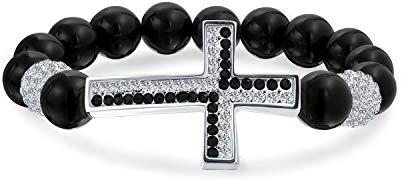 Bling Jewelry Seitliches Kreuz Diagonal Schwarzer Onyx Weißes Pflaster Kristall Stretch Armband Für Männer Für Frauen Rhodium Beschichtete Legierung