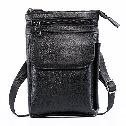 Hengwin Leder Gürteltasche Schultertasche Herren Outdoor und Reisen Handy Holster Tasche Mit Gürtelschlaufe Gürtelclip und verstellbarem (Schwarz)