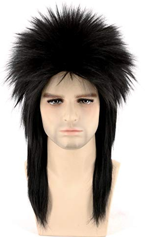 Topcosplay Perruque à mulet pour homme et femme Style rétro des années 80 Noir Cheveux Longs Perruque Punk Metal Rocker Perruque pour Halloween Déguisement Fête