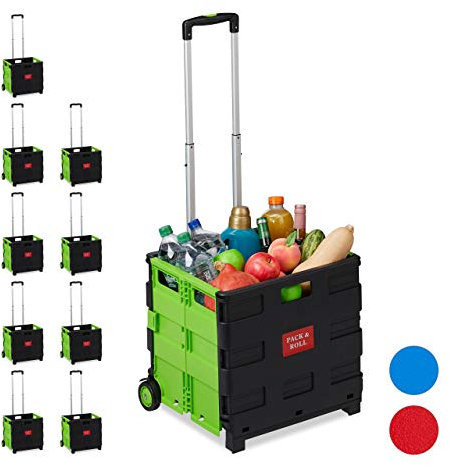 10 x Einkaufstrolley klappbar im Set, Teleskop-Griff, 2 Gummi Rollen, bis 35 kg, Shopping Trolley, Aluminium, ABS, grün
