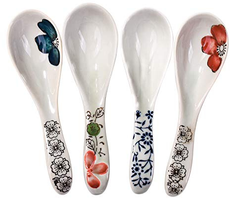 Lot de 4 cuillères à soupe japonaises pour soupe Wonton et porridge