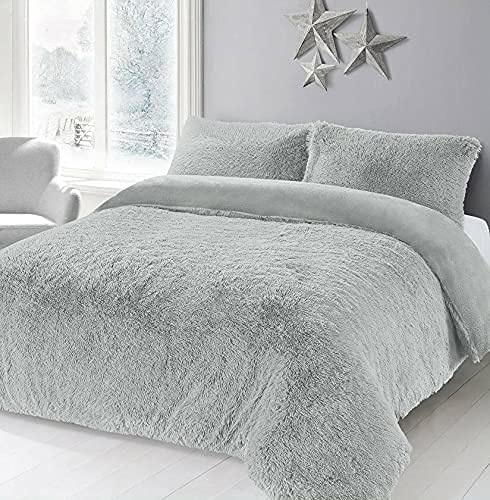 HOMES-LINEN Teddy Bear Fleece Long Fur Cuddles Alaska Luxury Duvet Cover Set Warm Cosy Soft Teddy Bedding Set (Silver, King)