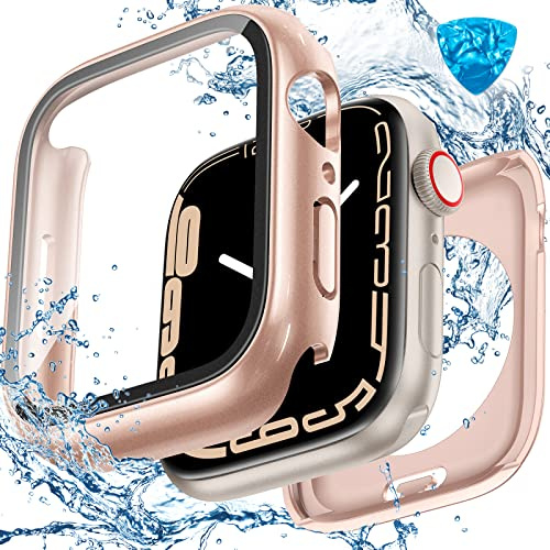 HWeggo [2 in 1 Waterproof Case for Apple Watch Series 9/8/7 Screen Protector 41mm,360 Protective PC Cover with Tempered Glass,Front & Back Bumper for iWatch 9/8/7 Dustproof Anti-Scratches(Rose gold)