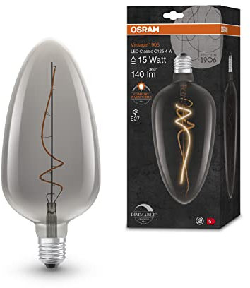 Osram Vintage 1906 LED-Lampe mit Smoke-Tönung, 4W, 140lm, leicht eiförmiges Design mit 125mm Durchmesser & E27-Sockel, warmweiße Lichtfarbe, dimmbares Filament, bis zu 15.000 Stunden Lebensdauer