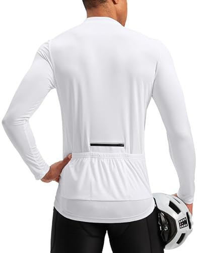 Men's Cycling Jersey Moisture Wicking Long Sleeve UPF Half Zip Riding Bike UPF SPF UV Biking Bicycle Mountain Road Biker Cycle Sun Protection Shirts for Men Zipper Pockets(White,XL)