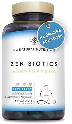Cortisolo Integratore. Ashwagandha + Magnesio + Probiotici +Triptofano + Rodiola e Tè Verde. 60 capsule. Sonno profondo, Benessere generale, Energia, Concentrazione. Vegano. CE. N2 Natural Nutrition