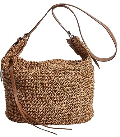 hongmo Strohtasche Damen, Stroh Umhängetasche Korbtasche, Strohtasche im Bohemian-Stil Gewebte Strandtasche Modisch und Vielseitig, Sommer Gewebte Tasche für Frauen und Mädchen Urlaub Dating, Braun