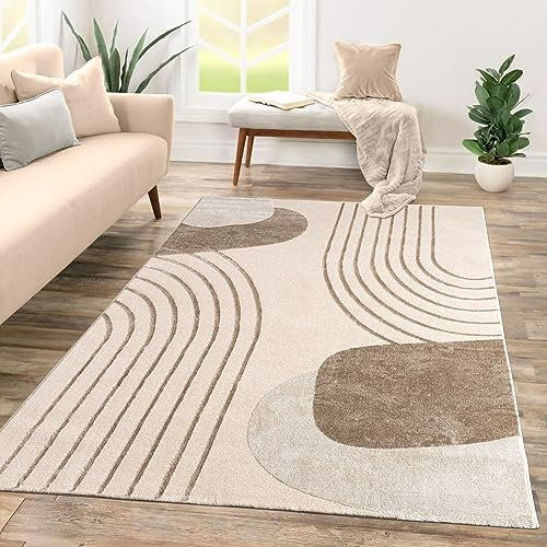 TT Home Wohnzimmer Teppich Kurzflor Geometrisches Design Abstrakte Optik, Farbe:Beige Creme, Größe:160x230 cm