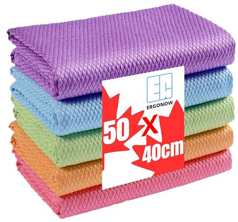 ERGONOW Large Streak Free Glass Cleaning Cloth, Lint Free Nanoscale Microfiber Fish Scale Tower, 15.8 x 19.7 (Mix, 5 Pack)