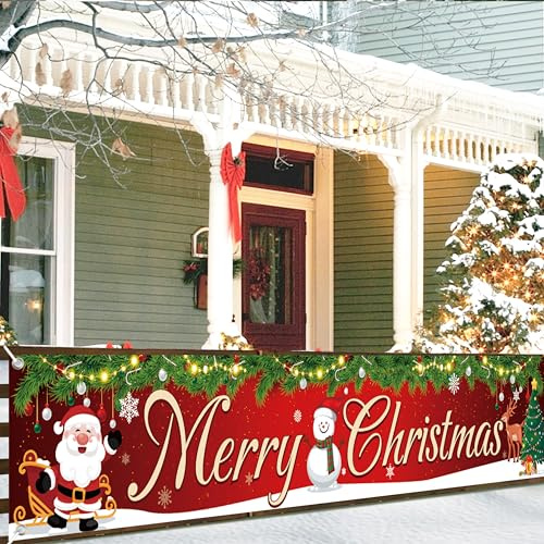 Frohe Weihnachten Banner, Weihnachtsbanner Outdoor Indoor, Merry Christmas Banner, Weihnachts Türdeko für Weihnachtsfeier Deko, Neujahr Party 50 * 300cm (Englisch-Rot) (Englisch-300 * 50)
