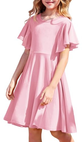 Arshiner Vestidos para Niñas con Mangas de Mariposa Vestido de Verano de Algodón Vestido Infantil Monocolor Vestido Skater Vestido Festivo para Niños Rosa 9-10 años