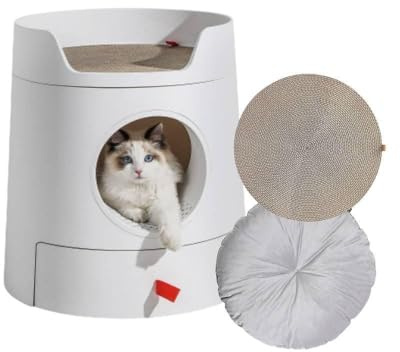 Happy Meow Arenero Castelo 3 en 1, Caja de Arena para Gato Higiénica com Bandeja Sanitaria con Cajón Desmontable. Incluye Rascador, Cama e una Pala para Lecho con Soporte