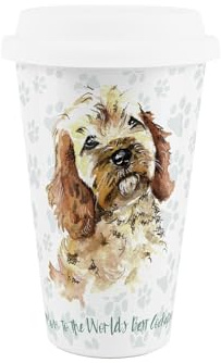 Purely Home World's Best Cockapoo Dog Ceramic Travel Mug - Novelty Gifts for Dog Mums - Reusable Silicone Lid Double-Walled Insulated Hot/Cold Drinks Tea Coffee Cup