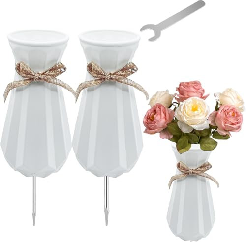 2PCS Cemetery Vases for Grave-Durable Plastic Grave Vases Flower Holder with Metal Spikes Bow Decor for Cemetery Headstones, Outdoor Grave Decorations for Memorial Gifts for Loss of Loved One - White