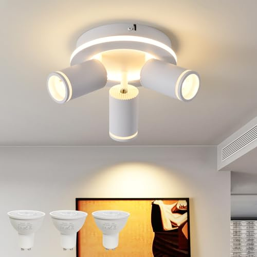 MYCUL Deckenstrahler Runde 3 Flammig 15W+3x5W GU10 Spots,Warmweiß,Weiß | Schwenkbar 350°,Deckenstrahler mit unteres Glühen ,Deckenspot strahler,Modern Deckenlampe,Spotleuchte für Küche,Wohnzimmer