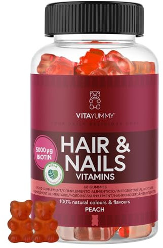 VitaYummy Haar & Nägel Vitamin Gummibärchen - Geschmack Pfirsich - Nahrungsergänzungsmittel für Haare - mit Vitamin C, Vitamin D, Zink und hoher Dosis Biotin (5000μg), Vegan & ohne Gelatine - 60 Stück