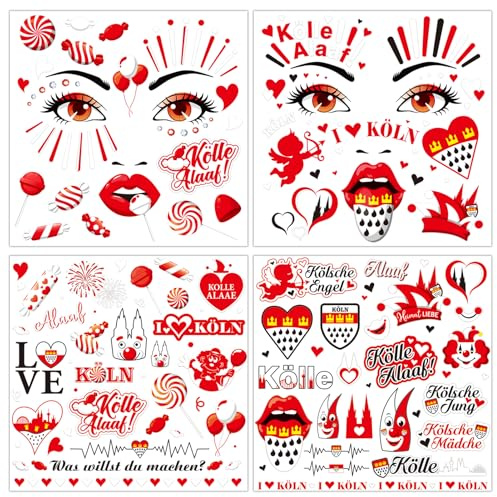 HOWAF 4 Bogen Gesichtstattoo Karneval Köln Accessoires, Face Tattoo Kölle Alaaf, Köln Tattoos Karneval Aufkleber Gesicht Karneval für Karneval Kostüm Köln, Fasching Kostüm, Rot Weiss