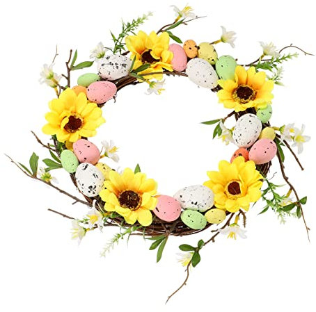 ABOOFAN Osterkranz Mit Bunten Ostereiern Und Sonnenblumen Wetterfeste Frühlingsdekoration Für Haustür Und Fenster Langlebiger Türkranz Für Osterparty Und Festliche Wohnzimmergestaltung