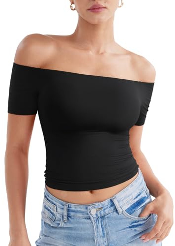 ZAAYO Maglietta da donna a maniche corte, con spalle scoperte, Y2K Summer Crop, top sportivo da donna, basic, Nero , S