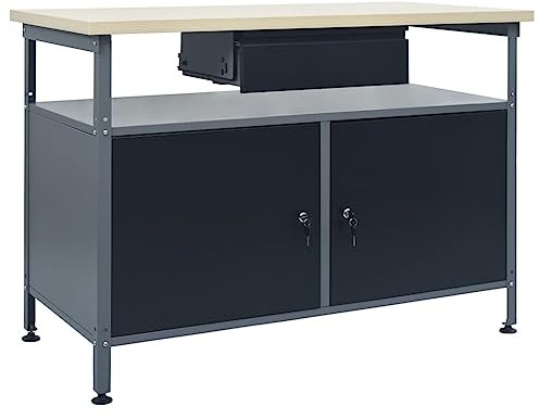 Werkbank mit offenem Fach und Schublade, 300kg Tragkraft, Montagewerkbank(höhenverstellbare Füße), Werktisch, Arbeitstisch für Werkstatt und Garage, 120 x 60 x 85 cm, Stahl