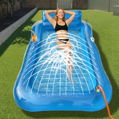 Luftmatratze Pool Erwachsene,Aufblasbarer Sonnenpool mit Getränkehalter,Griff und Rückenlehne,Luftmatratze Wasser mit Eingebautem Sprinkler,Wasserspielzeug für Erwachsene Pool Strand Sommerspaß