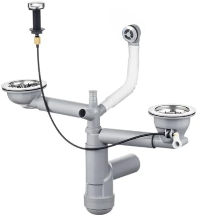 LAXARA Flexlok avec commande excentrique et sortie d'évier Ø 114 mm | Bonde de vidange avec bouton rotatif | Siphon évier peu encombrant | Aspect acier inoxydable | (2 bacs ronds sans tuyau de vidange