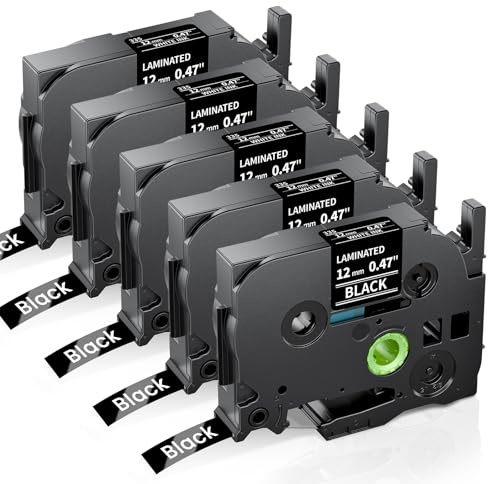 Anycolor TZe-335 kompatibel für Brother P Touch Bänder Schwarz 12mm | TZe335 Schriftband TZ Tape Cassette 0,47 für PT-H100LB H105 H107 H101C H100R D200 D400 E110 Cube, Weiß auf Schwarz, 5x