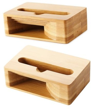 Operitacx Soporte Altavoz de de Madera Móvil Teléfono Escritorio | Base de Bambú Beige, Veta Natural y Barniz , Acabado Pulido sin Rebabas, para Hogar y Dormitorio