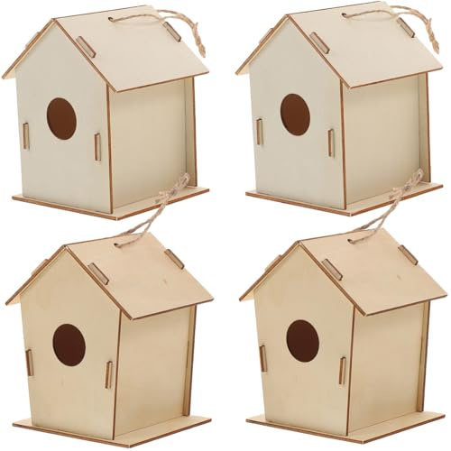 LRXIYODE 4 Stück DIY Vogelhaus Bausatz aus Holz Teilig zum Bemalen für Stabiles DIY Graffiti Miniatur Vogelhaus Kreatives Bastelset für Jungen und Mädchen Natürliche Holzdekoration für