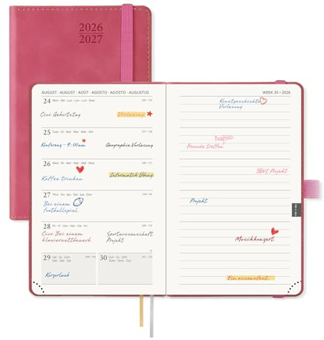 POPRUN Taschenkalender 2026 2027 Softcover mit PU-Leder ca.A6(15,6 x 10cm) | 17-Monate-Terminplaner,(Aug.2026-Dez.2027),Wochenplaner,Terminplaner 1 Woche 1 Seite,mit Plastiklineal(Purpurrot)