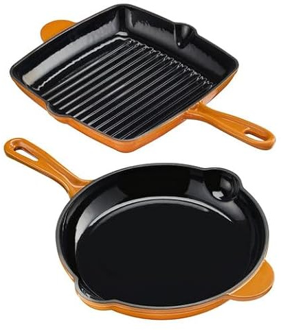 Cooks Professional 2 Piece Cast Iron Frying Pan & Skillet Set | Heavy-Duty Cooking Pans with Enamel Interior | Oven Safe to 260°C, Induction & All Hob Compatible | PFAS, PFOA & PTFE-Free | Orange