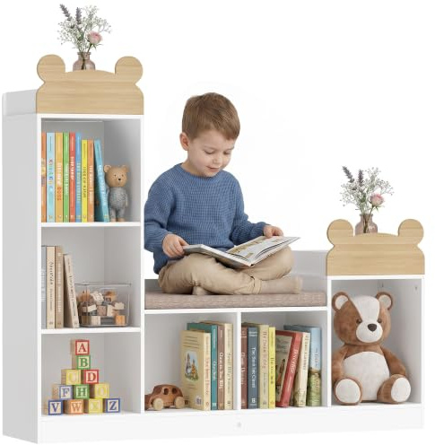 AIYAPLAY Bibliothèque Enfant avec Coin Lecture, 3 en 1, 121x30x106cm, Blanc | Meuble Rangement Enfant, 6 Compartiments, 2 Étagères Ouvertes, Coussin d'Assise, pour Chambre, Salle de Jeux