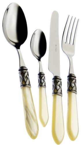 BUGATTI SERVIZIO POSATE COMPLETO 24 PEZZI ALADDIN MANICO MADREPERLA AVORIO GHIERA ARGENTO CUTLERY